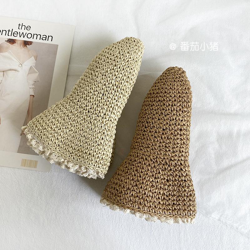 Straw Hat Women's Small Fresh Lace Solid Color Versatile Bucket Hat Summer Vacation Casual Big Brim Sun Hat