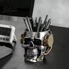 Skull Shaped Desk Accessory Pen Holder, Spooky Resin Makeup Brush Holder Multi-functional Desktop Organizer for Home Office, Halloween Decor