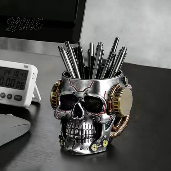 Skull Shaped Desk Accessory Pen Holder, Spooky Resin Makeup Brush Holder Multi-functional Desktop Organizer for Home Office, Halloween Decor