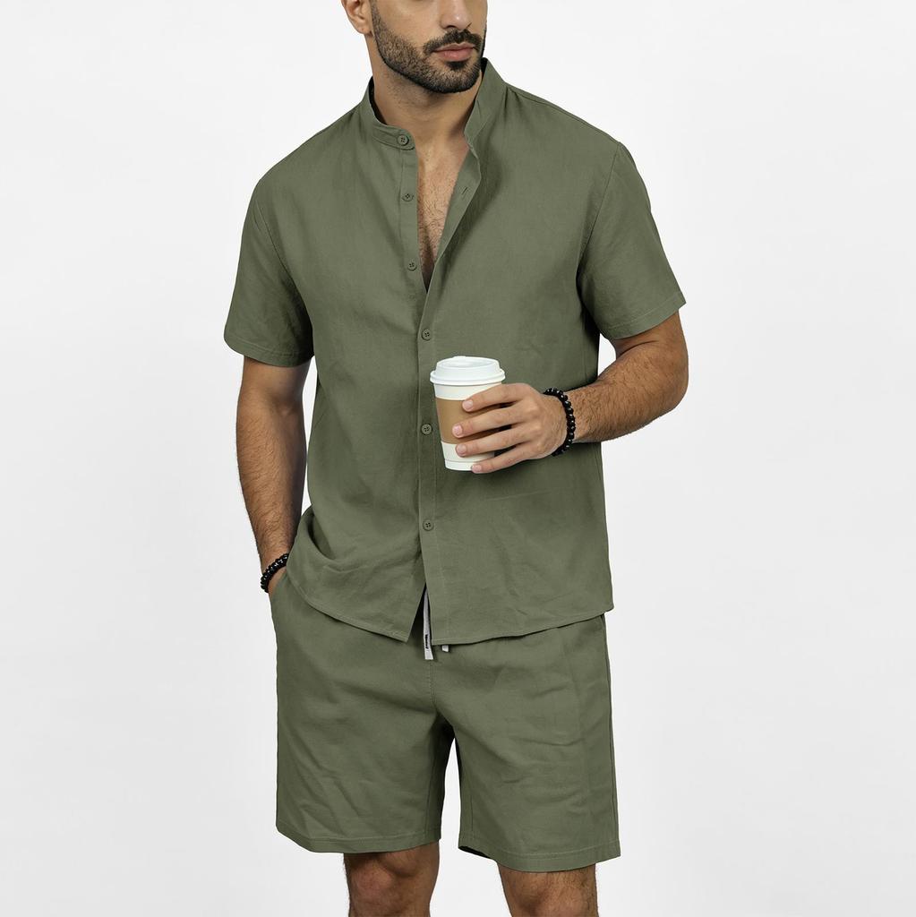 Men's Linen Short Sleeve Shirt and Elastic Waist Shorts Set, Casual Beach Outfit