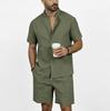 Men's Linen Short Sleeve Shirt and Elastic Waist Shorts Set, Casual Beach Outfit