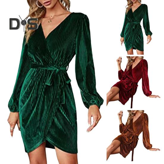 Lady-Dating-Kleid, V-Ausschnitt mit Bindegürtel, schmale Taille, lange Ärmel, Samtstoff, unregelmäßiger Saum, Abendkleid in reiner Farbe, Minikleid für Abschlussball und Party