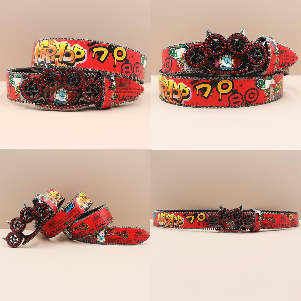 Tiger Claw Rhinestone Buckle Head Smooth Buckle Printed Graffiti Casual Personalized Belt Belt European and American Versatile
