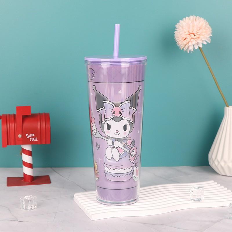 700ml Double Wall Plastic Tumbler With Straw Cartoon Design Adults - Yellow Green Pink Clear Purple Blue