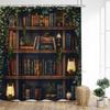 Vintage Bookshelf Shower Curtain Retro Book Green Plant Leaves Modern Fabric Home Wall Hanging Bathroom Curtain Decor with Hooks