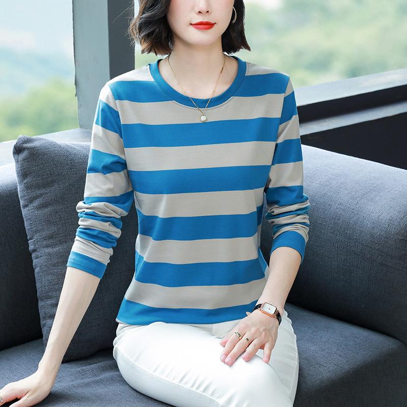 Middle-aged Mom Autumn Clothes Plus Size Loose Cotton Long Sleeve T-shirt Women's Autumn Clothes Wear Undershirts with Striped Tops