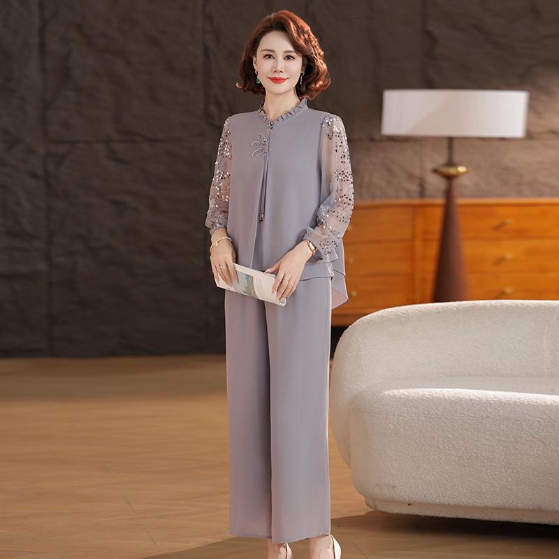 Chic Women's Suit: Mesh Sleeve Top & Wide-Leg Pants Set for Stylish Middle-Aged and Elderly Moms