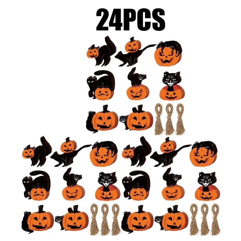 Wooden Halloween Decorations Hanging Pumpkin Black Cat Ornaments Set for Wall Party Decor Spooky Festival Home Accessories