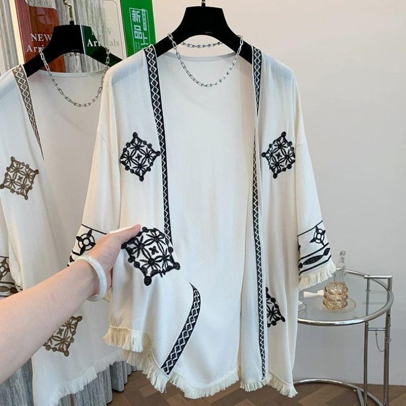 Ethnic Style Embroidered Thin Sun Protection Loose Medium Length Tassel 7-quarter Sleeve Cardigan Jacket for Women