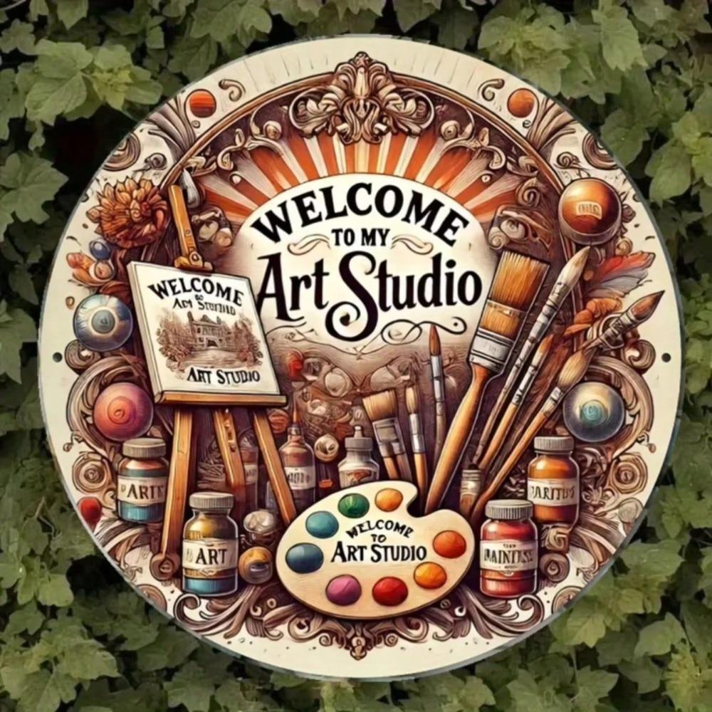 Vintage Welcome Sign Round Metal Art Studio Decor Painting Palette