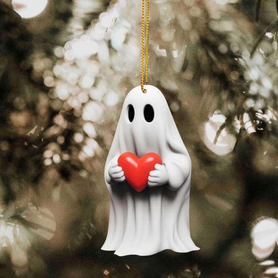 Love Heart Ghost Hanging Decoration Halloween Indoor Outdoor Car Rearview Mirror 2D Flat Acrylic Cartoon Ghost Hanging Ornament Pendant