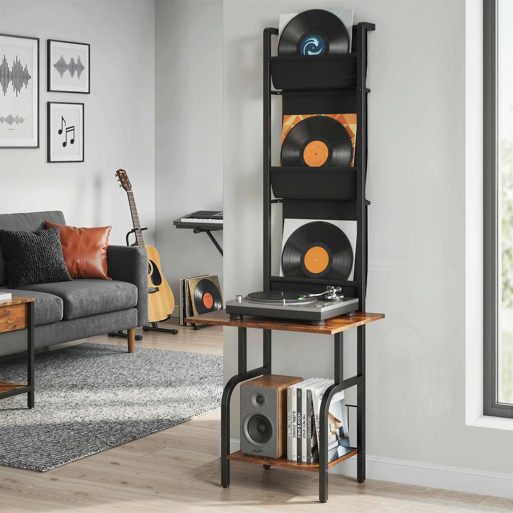 Vinyl Record Player Stand Record Storage with Player Stand Oxford Fabric Pockets Bottom Shelf Rustic Brown and Black