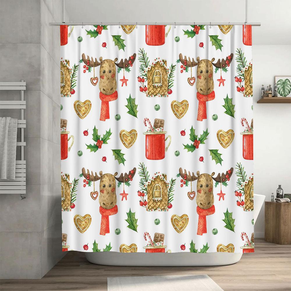 X-Mas Decor Shower Curtain with Elk Pattern Festive Red Green Christmas Print Home Decoration Waterproof Bath Curtains for Bathr