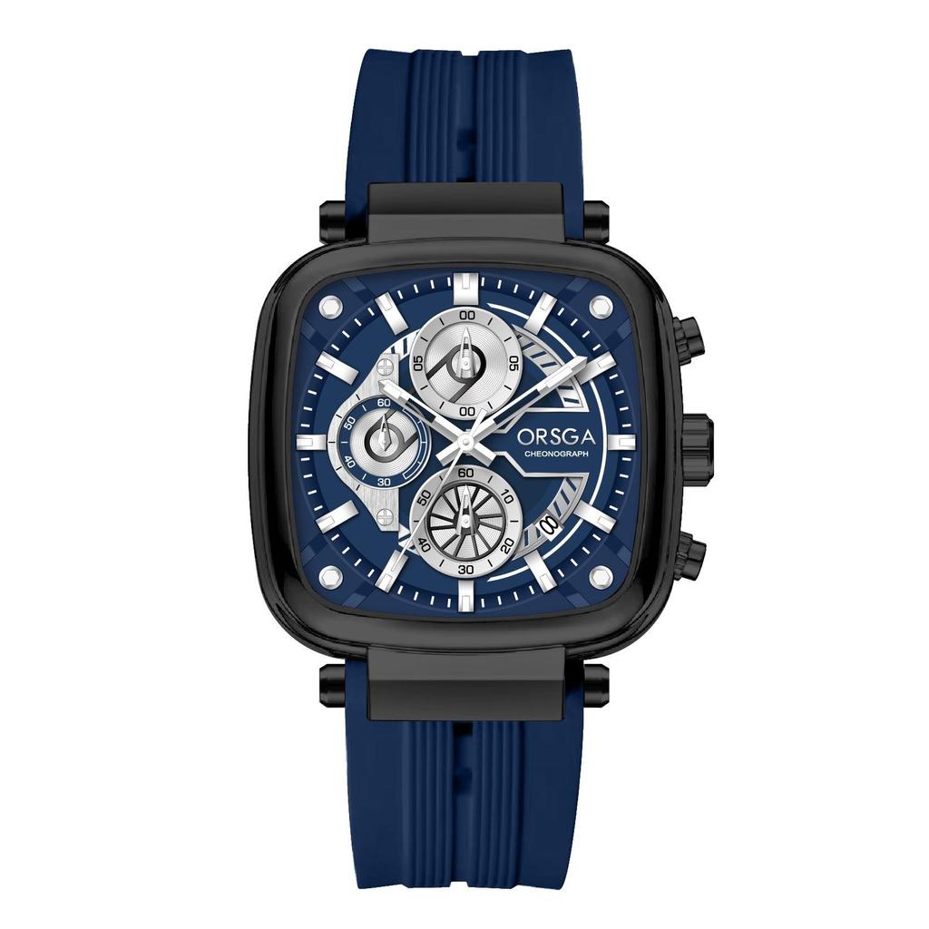Mens Square Chronograph Watches Waterproof Luminous Quartz Wrist Watch with Silicone Strap