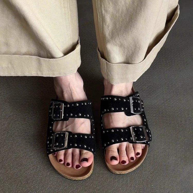 Soft Leather Version! Retro Platform Slippers Women's Outer Wear Fashion Rivets One-word Belt Buckle Boken Shoes Fashion Cool Slippers