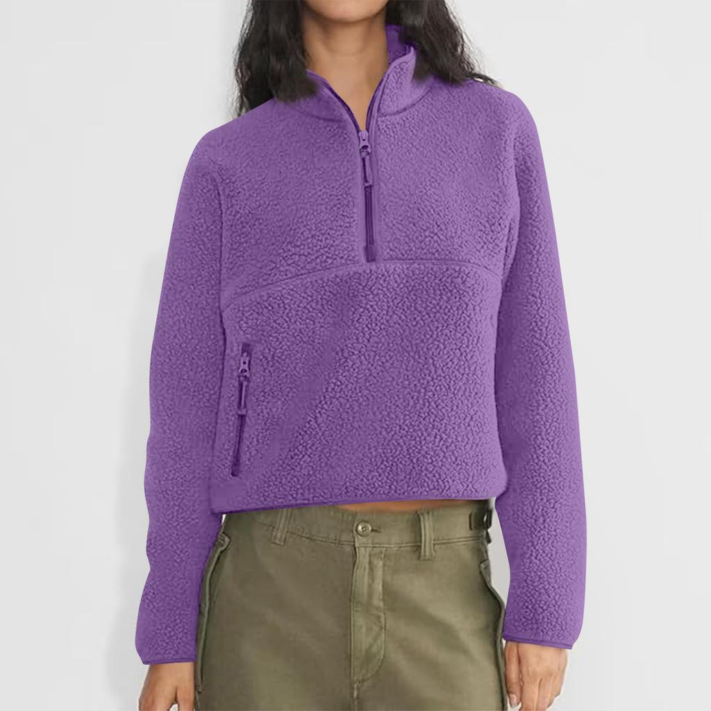 Women's Short Half-Zip Fleece Sweatshirt Plush Warm Cardigan
