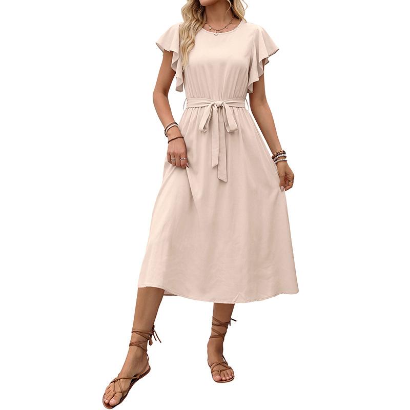 Spring/Summer New Style Solid Color Simple Casual Comfortable Dress with Belt Aline Skirt for Women