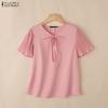 ZANZEA Women Casual V-Neck Solid Color Loose Pleated Short Sleeve Blouse