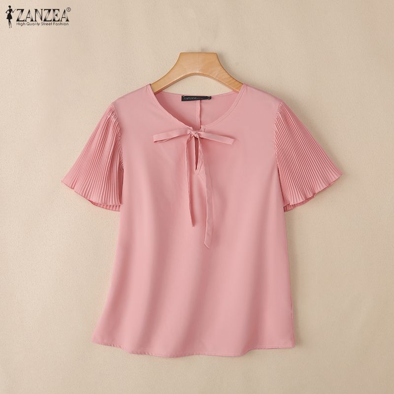 ZANZEA Women Casual V-Neck Solid Color Loose Pleated Short Sleeve Blouse