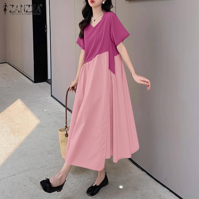 ZANZEA Women Casual Round Neck Loose Short Sleeve Summer Dress