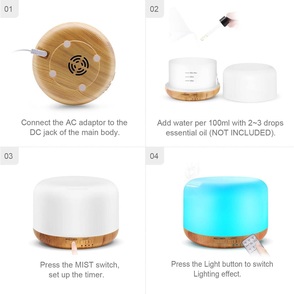 300ML Essential Oil Diffuser, Remote Control Ultrasonic Aromatherapy Oil Diffusers Cool Mist Humidifier, Waterless Auto-Off and 7 LED Light Colors