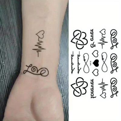 2PCS Men's and Women's Temporary Tattoos, Love and Heartbeat Designs, Waterproof and Lasting Fake Tattoo Stickers Body Art Decals