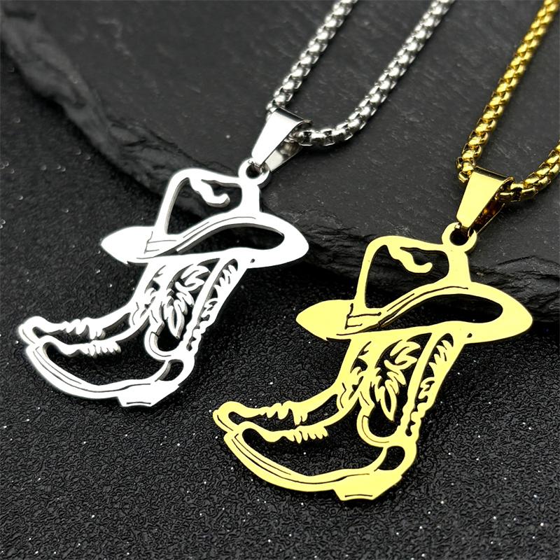 West Cowboy Hat Shoes Pendant Necklace For Women Men Stainless Steel Gold Silver Color Cowgirl Fashion Chain Jewelry Gifts