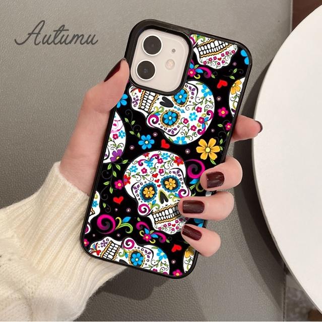Mexican Skull Flower Phone Case for iPhone 11 12 13 14 Pro Max mini X XR XS SE 2020 6S 7 8 Plus Samsung Galaxy S21 S22 shell