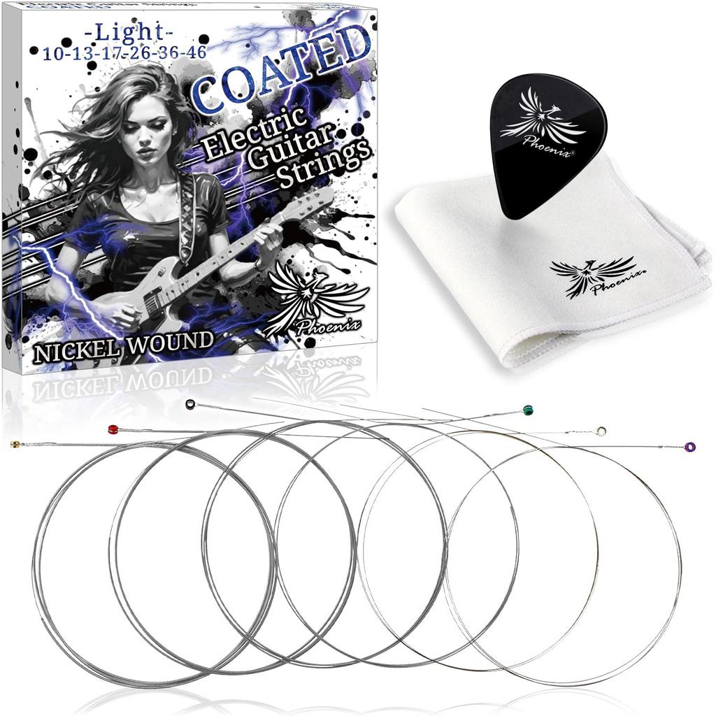Phoenix Coated Strings Electric Guitar Strings Nickel Balanced Sound Quality Tension Break Resistant Pole End Color Cloth Pick Included Term Warranty