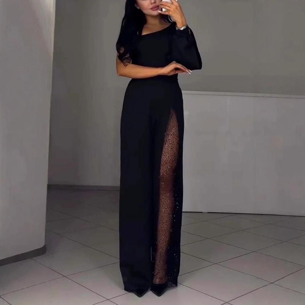 2024 European & American Autumn/Winter High Slit One-Shoulder Women's Jumpsuit