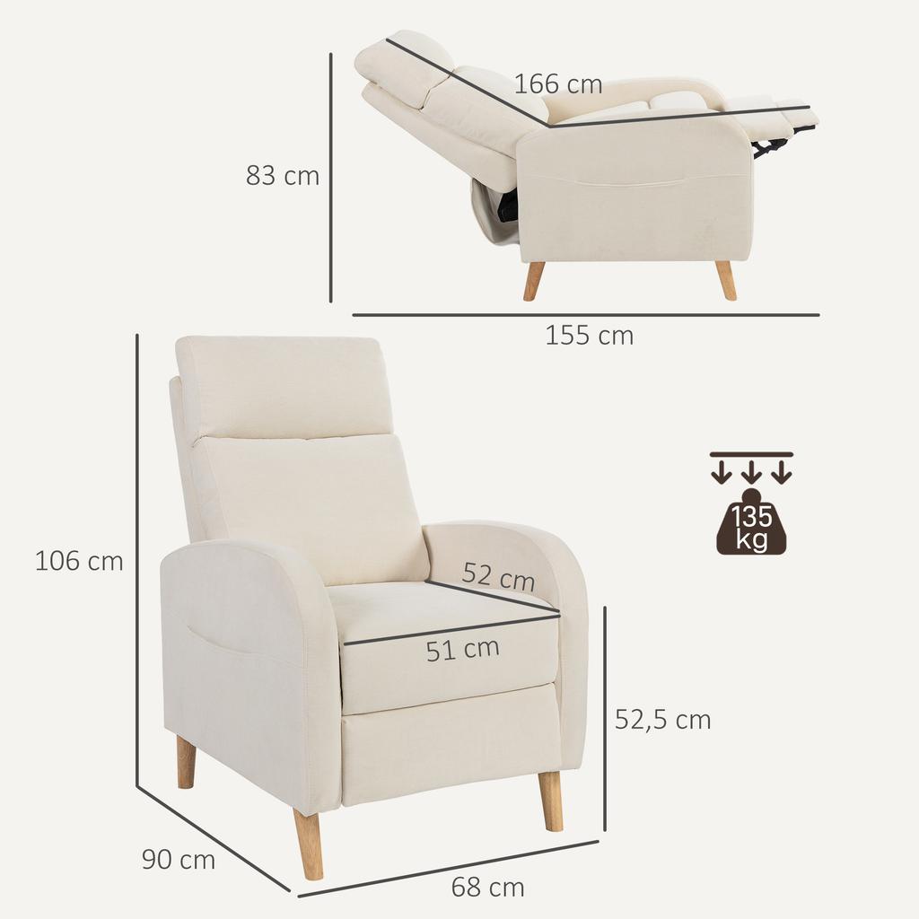 Reclining Relax Armchair Upholstered in Synthetic Linen with Footrest and Side Pockets Load 135 kg Cream