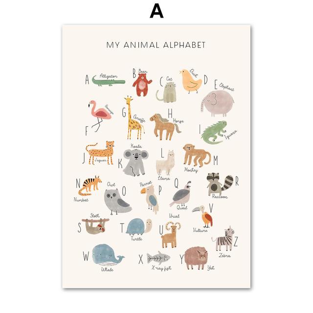 Harta Lumii Animale Desene Animat Alfabet Număr Diagrama vremii Artă Pânză Pictură Postere nordice Imprime Poze de perete Decor camere pentru copii Fără cadru