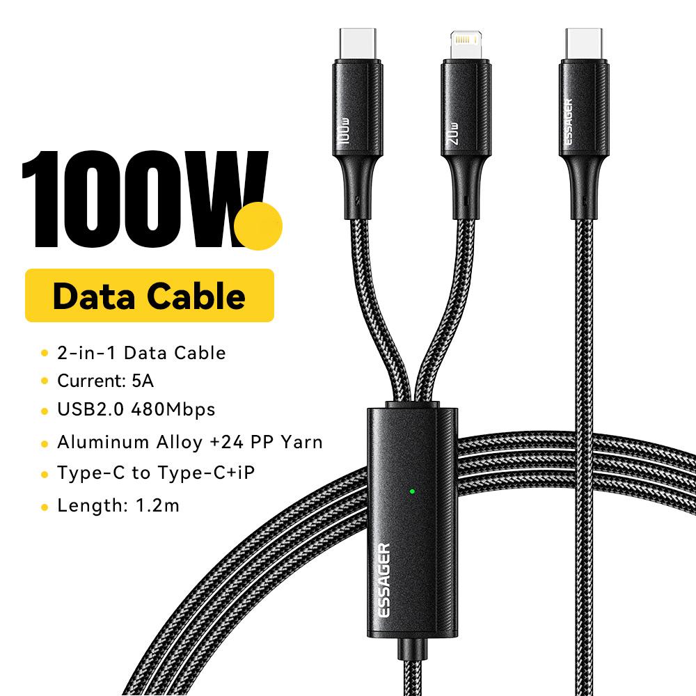 

ESSAGER 100W 2-In-1 1.2m Fast Charging Data Cable Type-C to Type-C+iP Charging Cord with Indicator Light Black