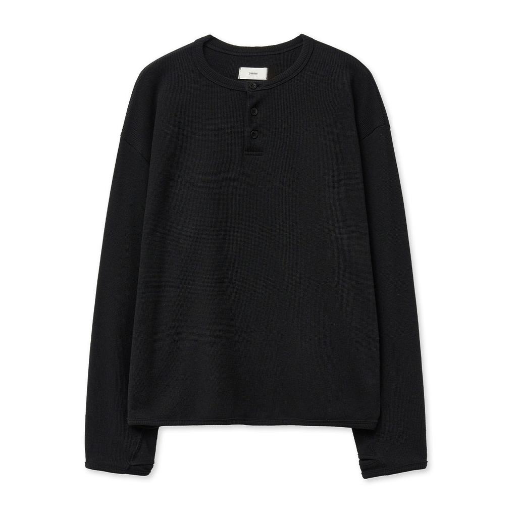 Paseleu Waffle Henley Neck Long Sleeve [Black]