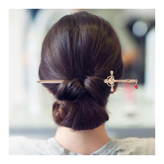 [BESTOYARD] U-Shaped Hairpin, Simple Metal Sword Shape Long Hair Stick, Single Prong Hairpin, Dragonfly Bead Red Hairpin, Everyday Use, Simple