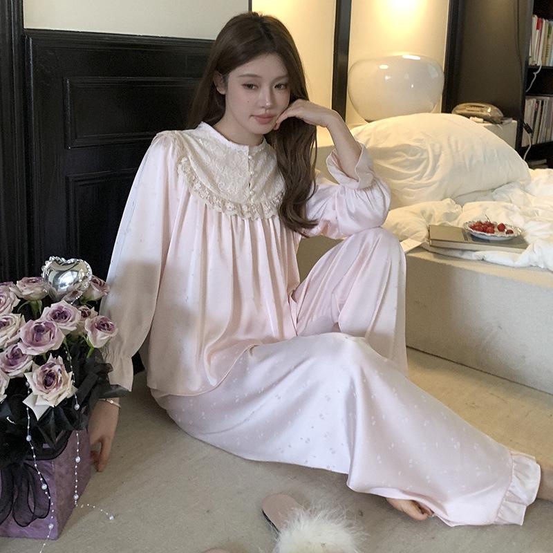 

2025 Women s Ice Silk Fairy Pajamas - Round Neck, Lace Long Sleeve & Pants, Sweet Casual Homewear Large рожевий/суничний