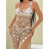 Shiny Sequins Hollow Out Crochet Knitted Tunic Beach Cover Up Cover-ups Beach Dress Mini Beach Wear Beachwear Female Women K6685