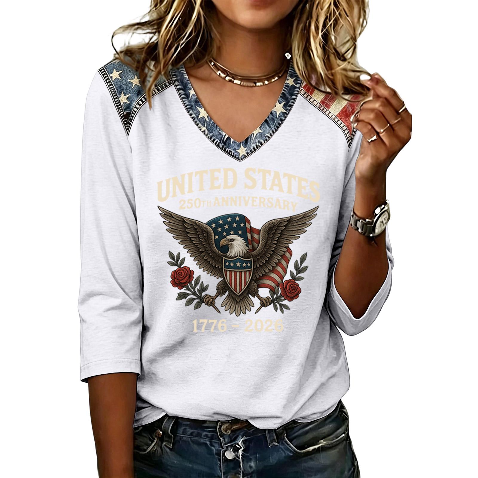 

Women s Casual V Neck Top United States 250th Anniversary 1776/2026 Graphic Print Three Quarter Sleeve Shirt Lightweight Soft Fabric L білий