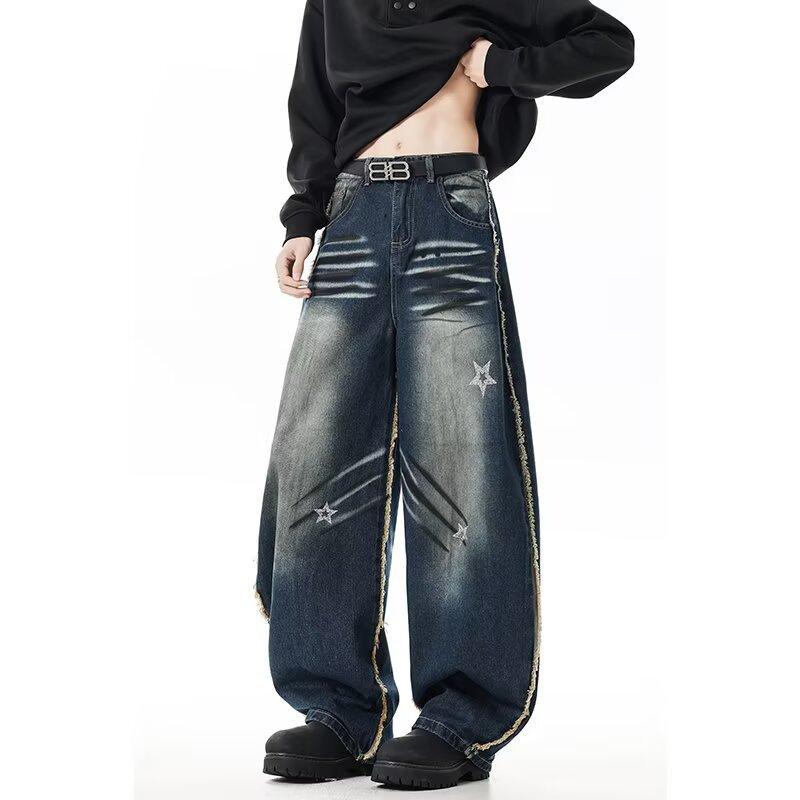 Jeans Larghi Unisex a Vita Media Deostrutturati Vestibilità Larga Vintage Americano Lavato Baggy in Denim Pantaloni Rilassati Lunghi Fino a Terra