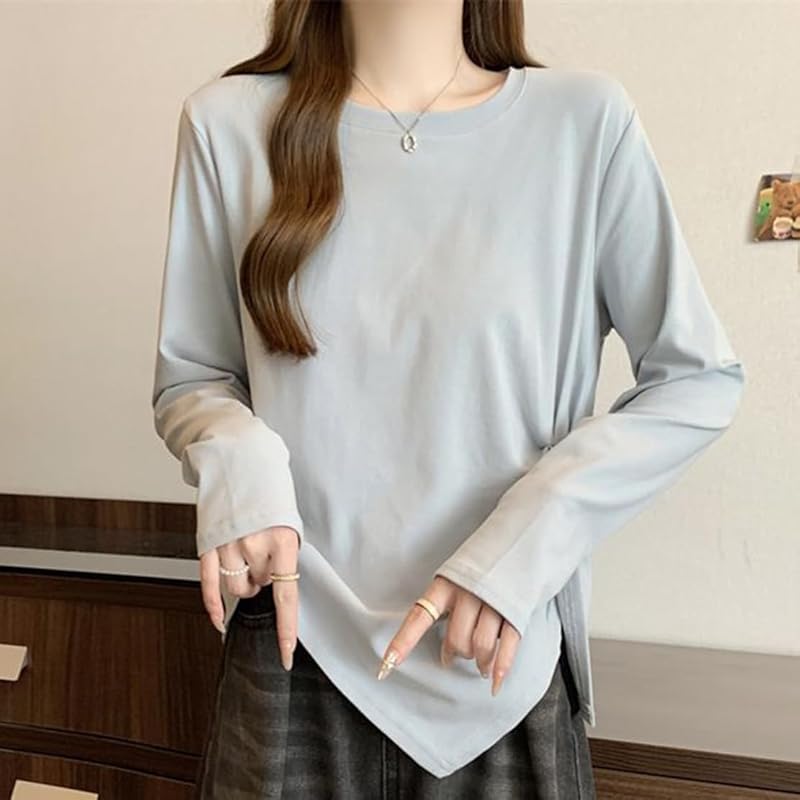 [ODFMCE] t-shirt ladies long sleeve spring cotton Plain color Fashionable Beautiful Relaxing big size is (JP, alphabet, XL, blue)