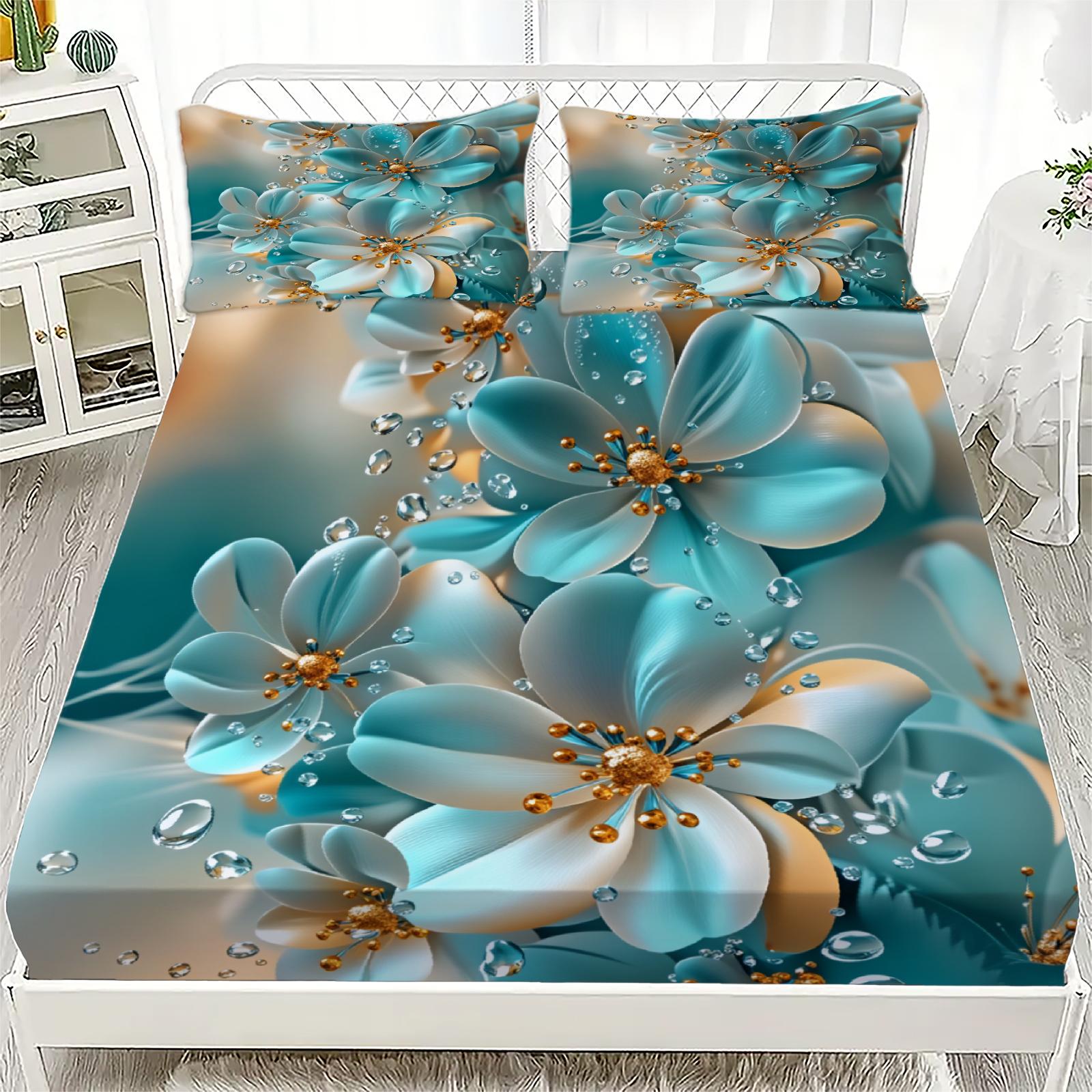 

Floral Flat Sheet Sets 3D Printed Droplet Luxury Home Decoration For Girls Adult 3pcs Fitted Sheet With 2Pillowcases 160x200x25cm