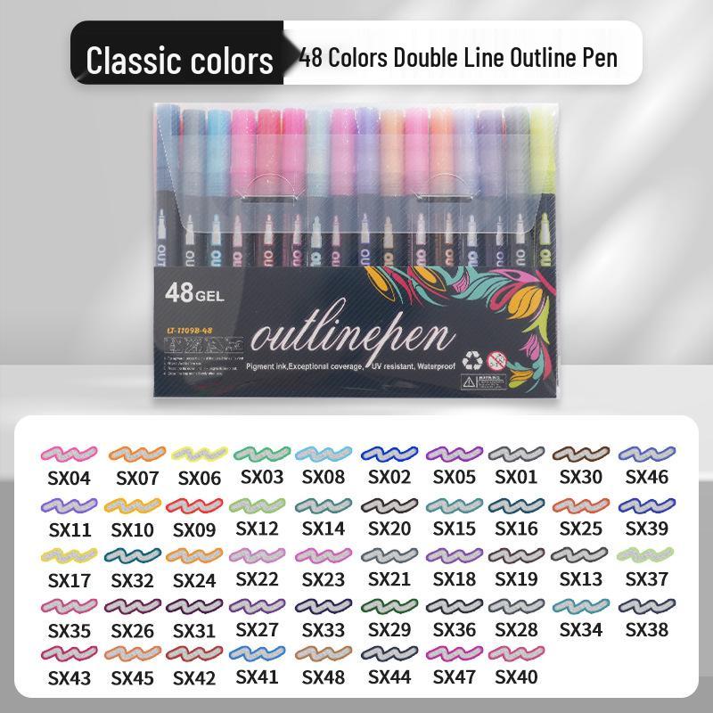 48-Color Fluorescent Dual-Line Metallic Outline Pen Set