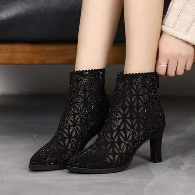 Fashion Short Boots Women's Spring and Summer New Hot Diamond Pointed High Heels Mesh Hollowed Out Full Diamond Fashion Cool Boots Women