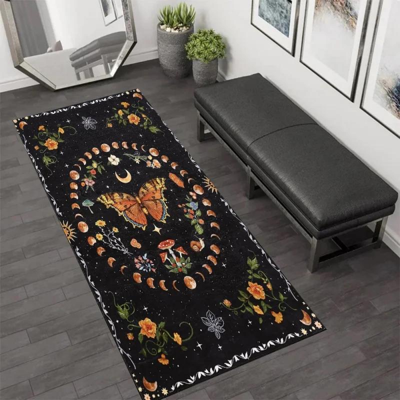 Celestial Butterfly Floral Runner Area Rug Carpet, Non Slip Floor Mat, Black Moon Star Print Washable Kitchen Rug Mystical Decor