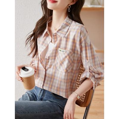 Pure Cotton Plaid Shirt Women's Long-sleeved Hong Kong Style Literary Retro Top Spring Summer New Style Fashion Chic