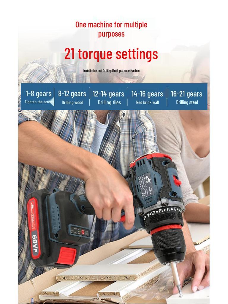 Brushless Dual-Speed Hand Drill with Lithium Battery and Metal Chuck