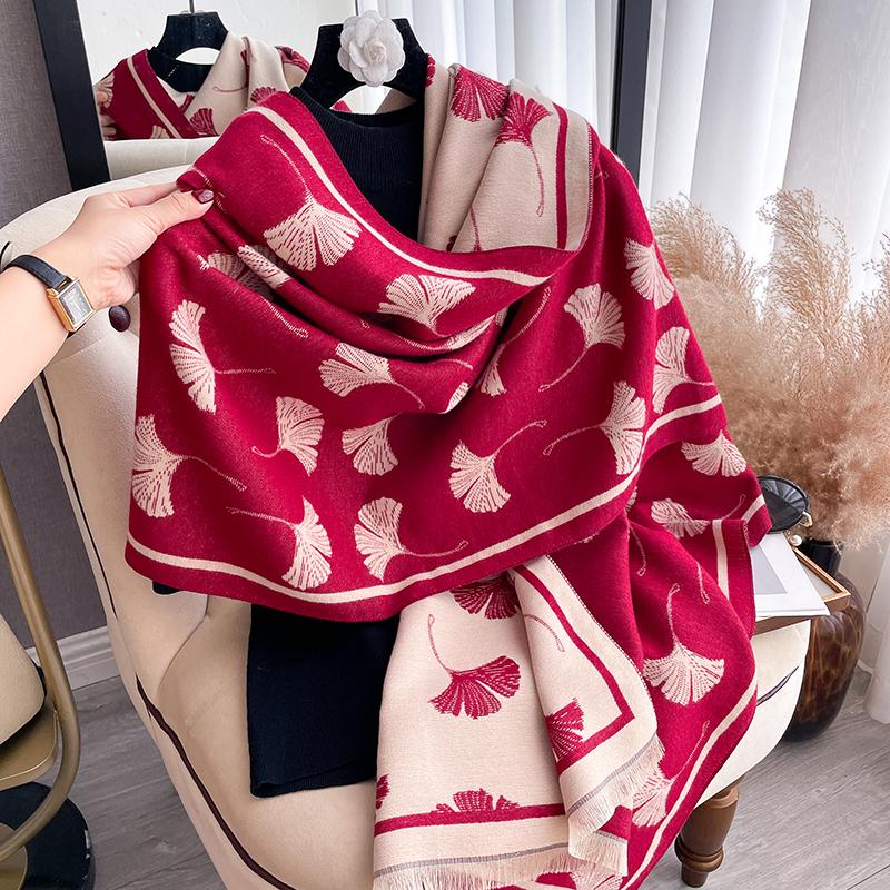 Luxury Winter Cashmere Scarf Women Leafage Print Warm Pashmina Blanket Poncho Scarves Female Shawl Wraps Thick Foulard Bufanda