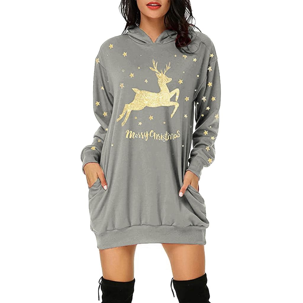 Sweat-shirt à capuche et manches longues pour femmes, imprimé de noël, poche mi-longue, avec poche