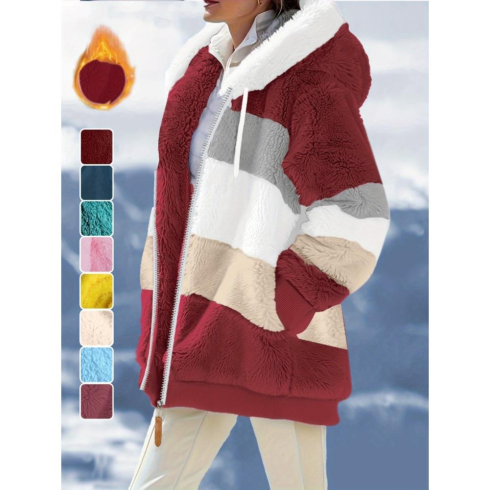 Damen Mehrfarbiger Flauschiger Kapuzenmantel, Lockere Warme Plüschjacke für Herbst Winter