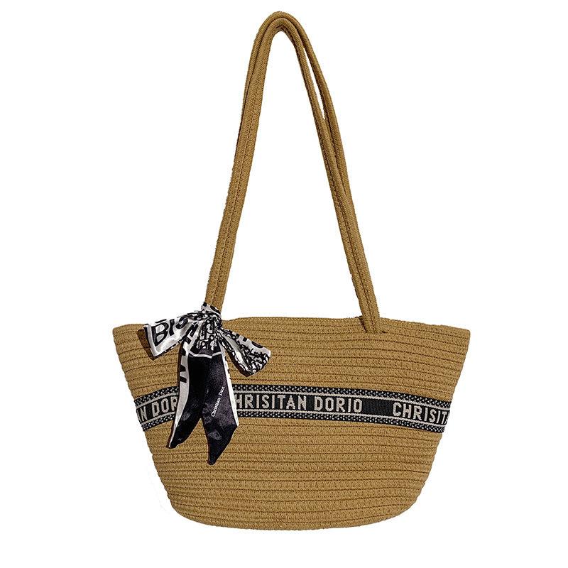 

Large Capacity Crossbody Portable Shoulder Bag Silk Scarf Design Vegetable Basket Woven Tote Women s Bag хаки